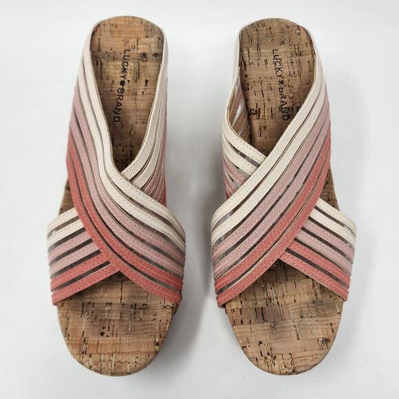 Lucky Brand Wedge Sandals Women 7.5M Kayla Pink Canyon Clay Ombre Stripe Cork - Picture 3 of 10